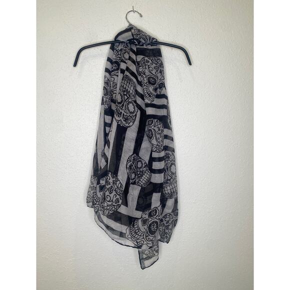 Zara Black/Gray-White Skull & Stripe Day of the Dead Sheer Scarf OS Polyester - Picture 1 of 7